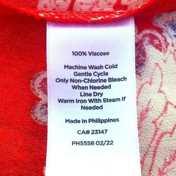 Talbots Red Blue Cream Floral Print V Neck Button Front Sash Waist Dress - Picture 16 of 16